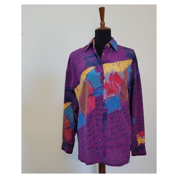 Vintage 1980's Loubella California Silky Abstract Blouse - Picture 1 of 9